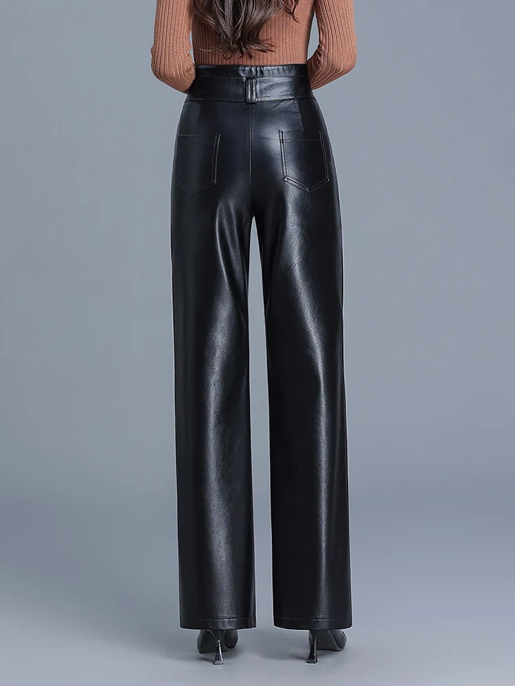 ZUZK-Pantalon long en cuir PU, pantalon droit taille haute, pantalon chaud, mode d'hiver, fjLarge