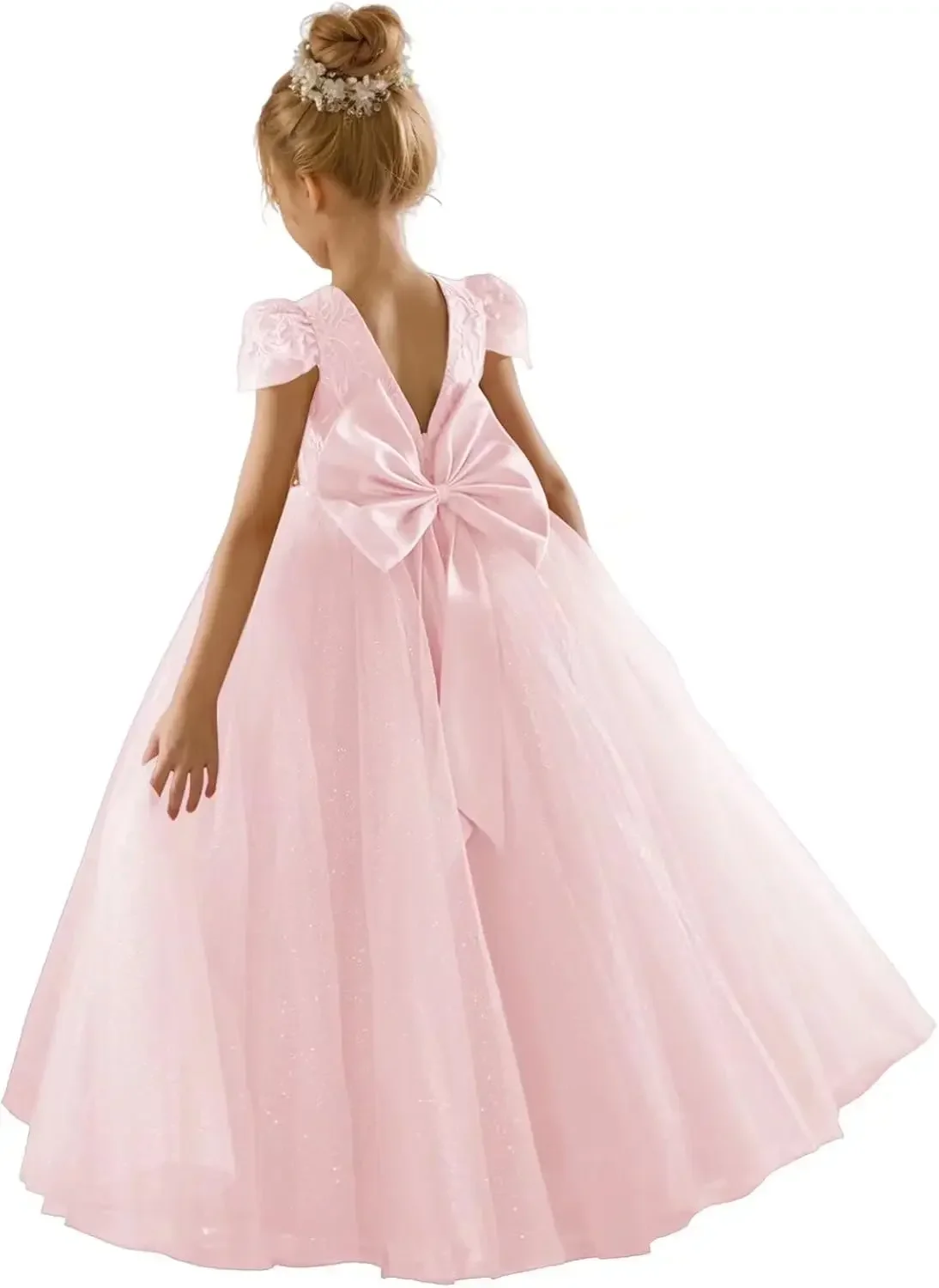 Gaun Pesta Pernikahan dengan Pita, Gaun Pengiring Pengantin, Gaun Berlengan Pendek Berbahan Lace untuk Pernikahan, Gaun Tulle Mengembang dengan Punggung V-Neck untuk Pesta Prom dan Ball Gown