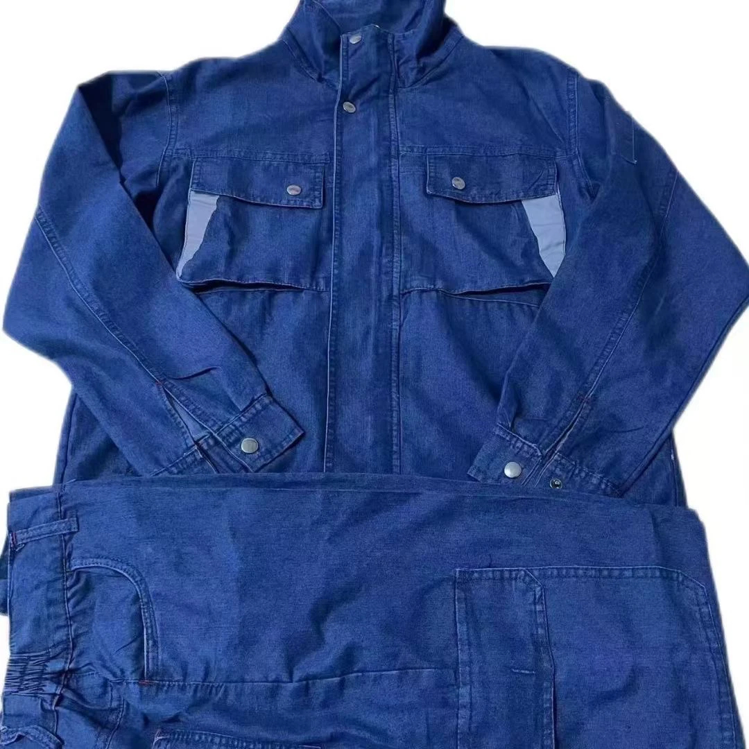 

Summer Thin Denim Workwear Set for Men Welding Protective Clothing with Multiple kets Stand Collar Lightweight Cotton Blend