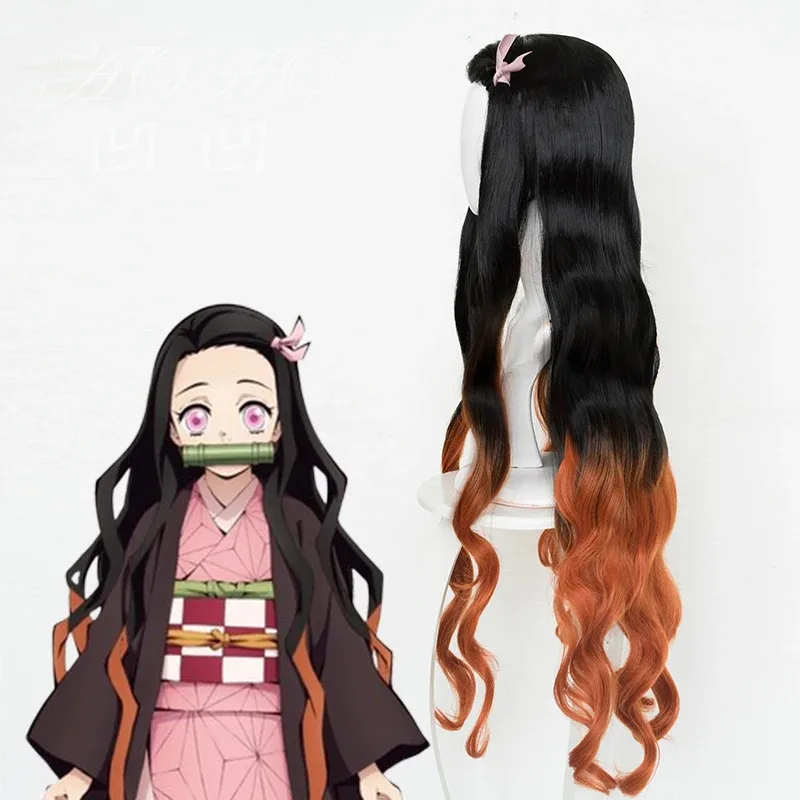 Cy100cm/39 "أنيمي كيميتسو نو يابا كامادو Nezuko كوس شعر طويل أسود مع برتقالي زي تنكري الباروكات + غطاء شعر مستعار