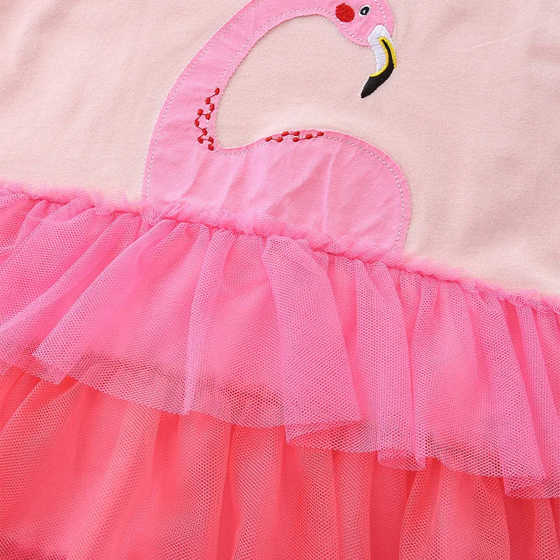 Little maven Kids Clothes Summer Children \'s Clothing Baby Girls Cotton Embroidery Cartoon Flamingo Mesh Dresses Vestidos 2024