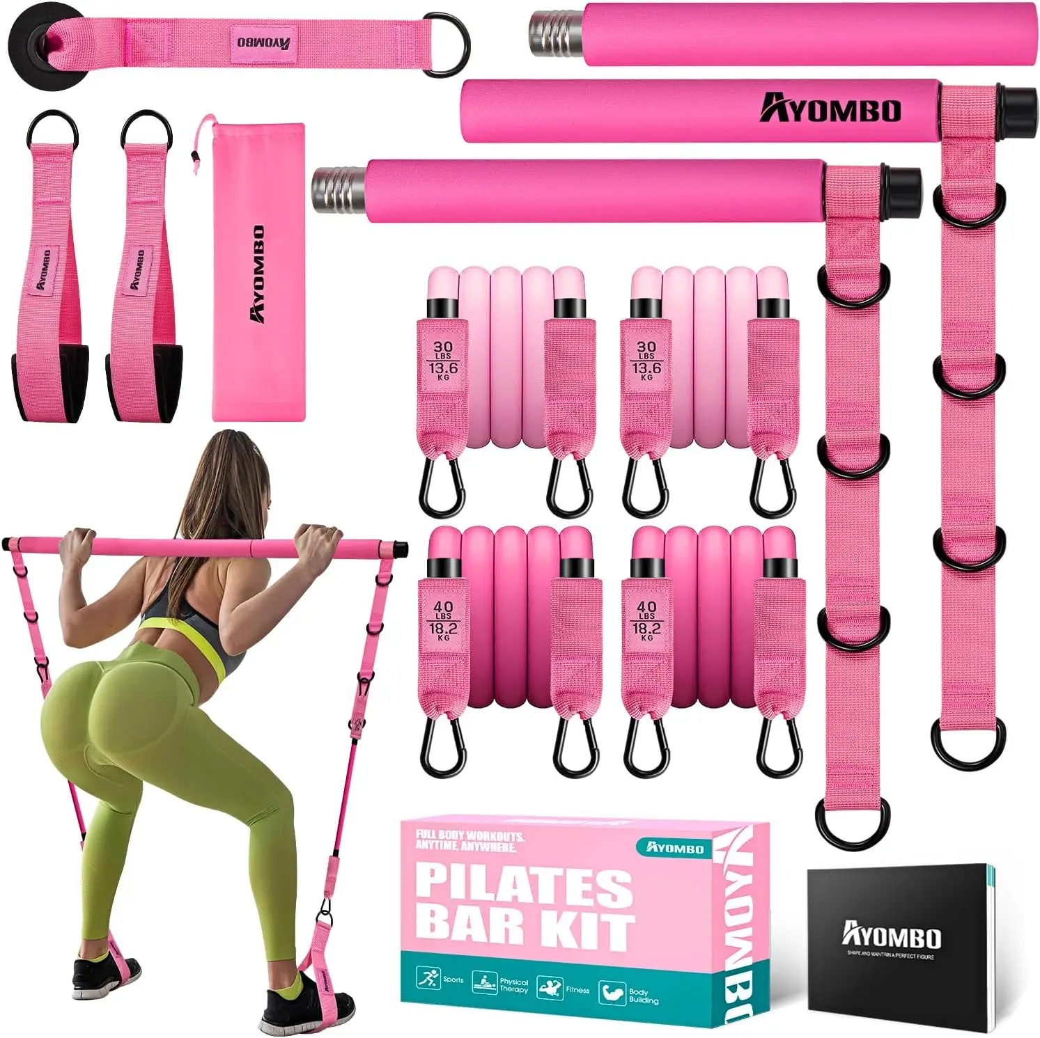 Pilates Bar Kit with Resistance Bands, Pilates Workout Equipment for Legs, Hip, Waist, Arm, Squats Exercise Equipment for Home W