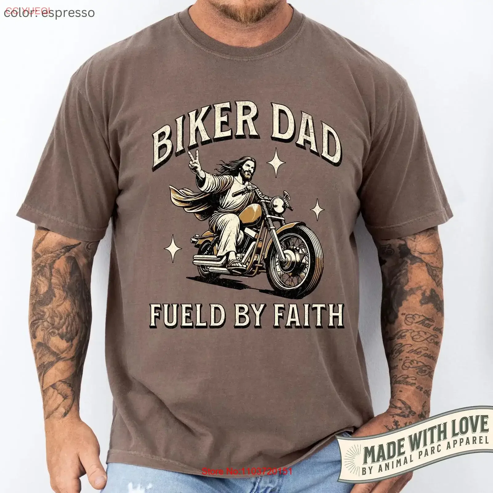 T-shirt vintage Biker Dad Fueled by Faith, chrétien, moto, Jésus, Ride with God, cadeau pour père, effet délavé