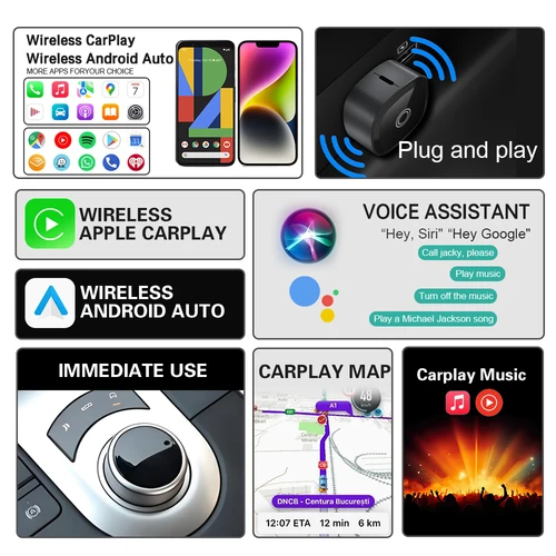 Imagen 2 del producto Adaptador inalámbrico XUDA 2 en 1 para CarPlay, Android Auto, caja inteligente con IA, sistemas inteligentes para coche, para VW, Toyota, Nissan, Honda, Ford, Benz