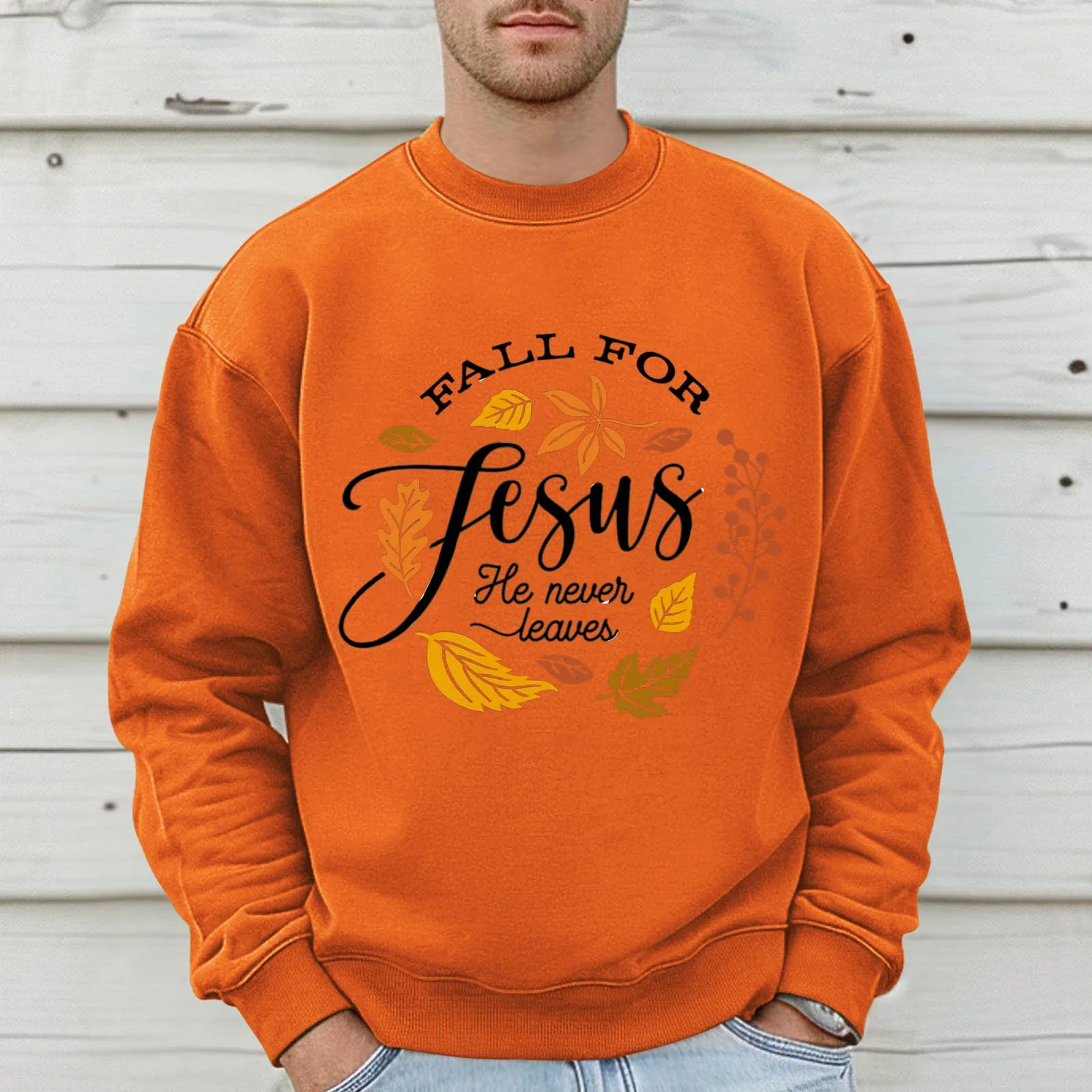 Unisex Fall for Jesus He Never Leaves Sweathirts Retro Jesus Shirt Aesthetic Christian Tops Bible Verse Hoodies Fall Sweatshirt