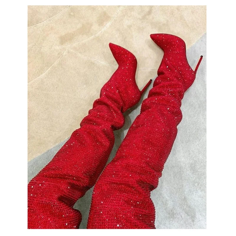 

Red Diamond Glitter Boots Over Knee High Thin High Heel Fashionable Sexy 2024 Winter Big Size Woman Shoes Zapatillas Mujer