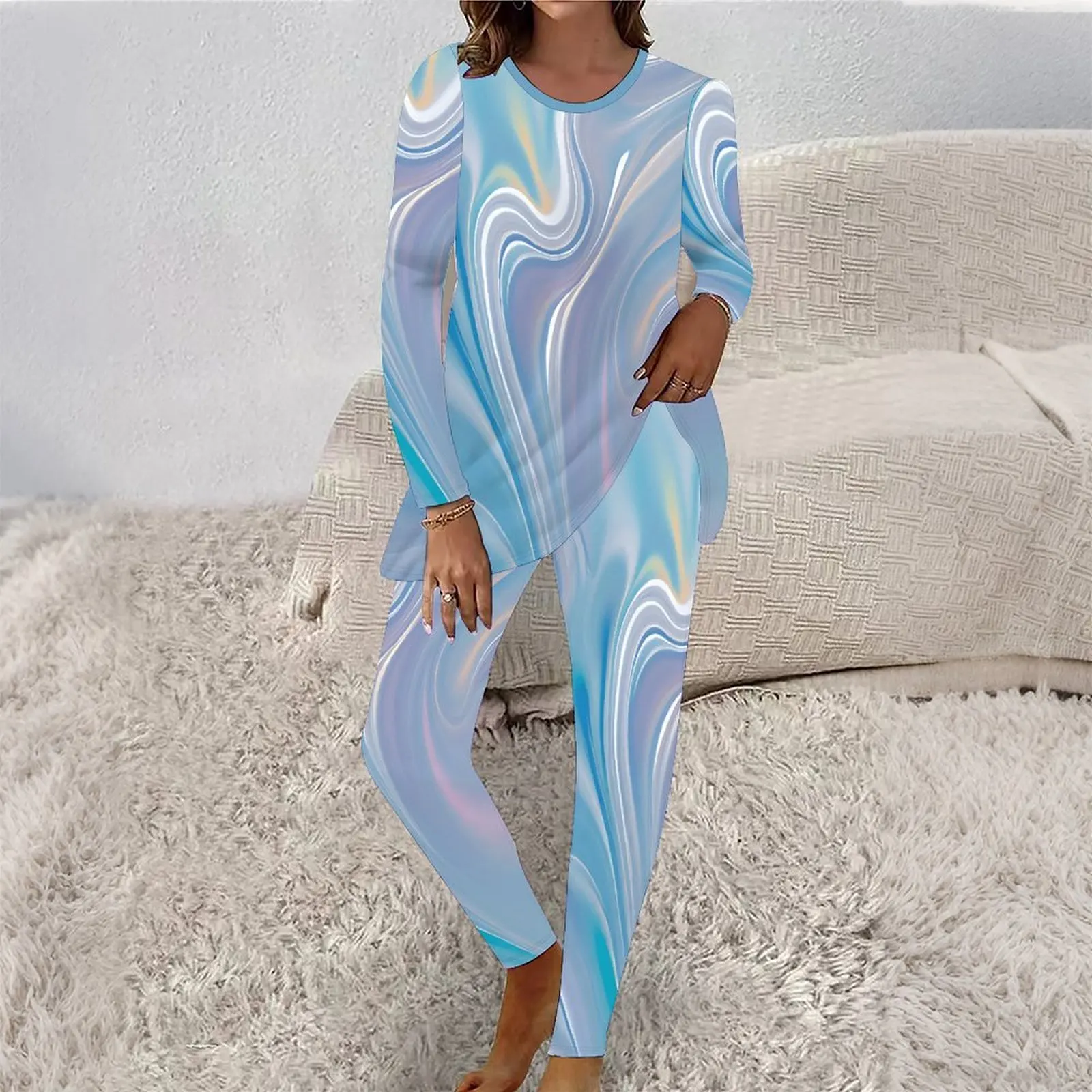 2pcs Retro Elegant Two-piece Set Autumn Winter Women's Printed Jogging Pants  Daily Fashion Long-sleeved Round-neck T-shirt