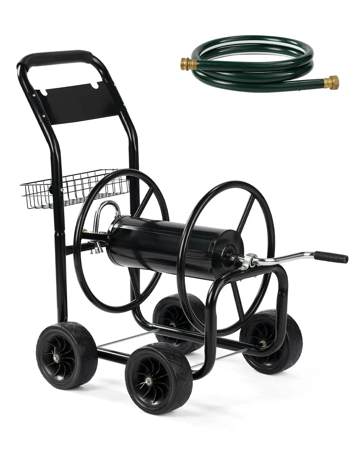 300 Ft Garden Hose Reel Cart, Heavy Duty 4 Wheels Water Cart, Green | Holds up to 5/8 Inch hose, storage basket for