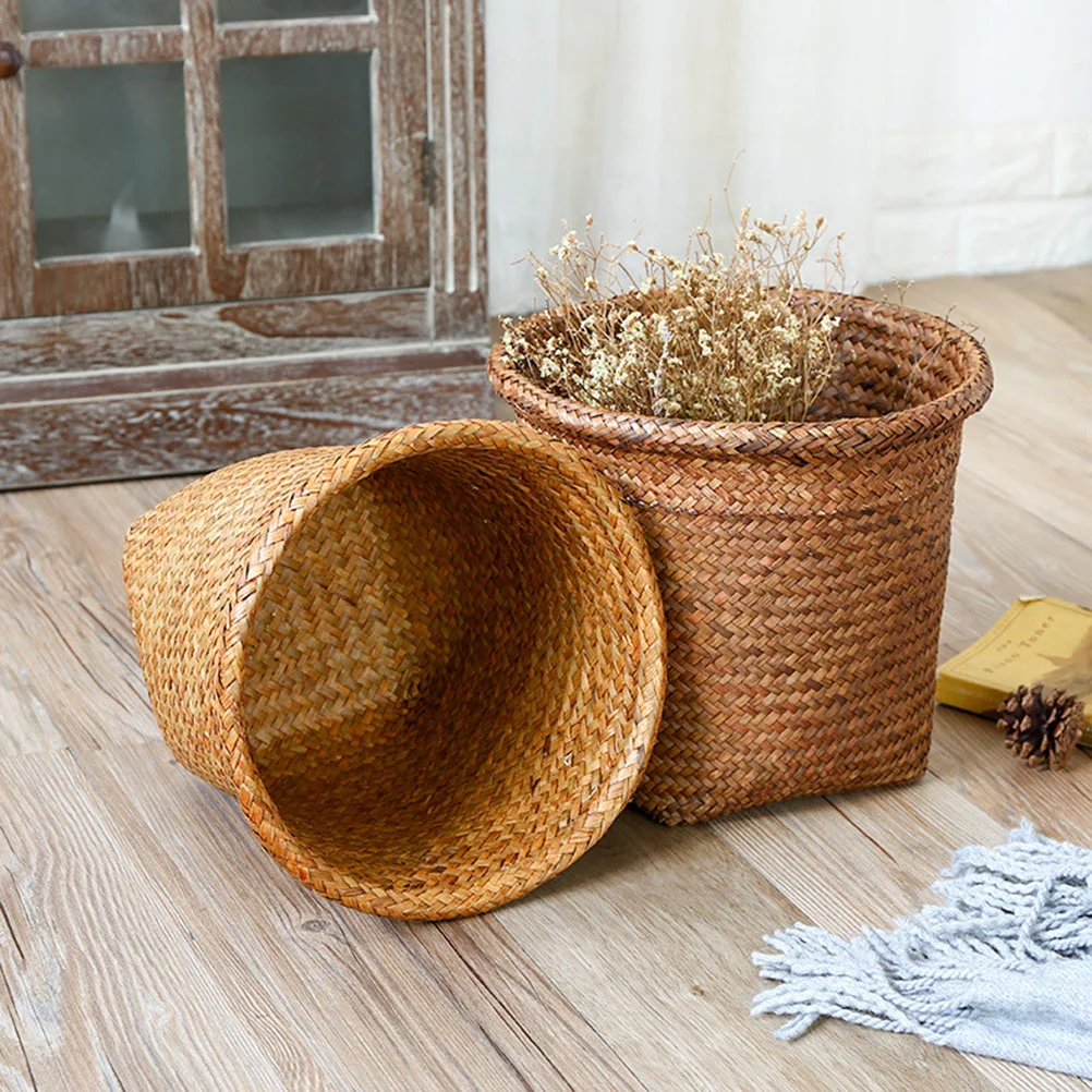 Natural Round Straw Basket Creative Storage Organizer Laundry Storage Bucket (Small Size)