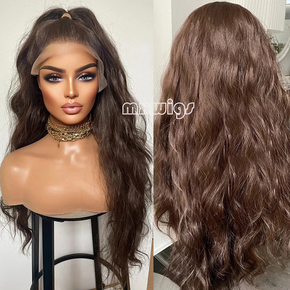 MXWIG الشعر الاصطناعية بني داكن موجة المياه غلويليس 13X4 الدانتيل شعر مستعار أمامي للنساء السود قبل قطعها 26 "طويلة اليومية الألياف تأثيري #2