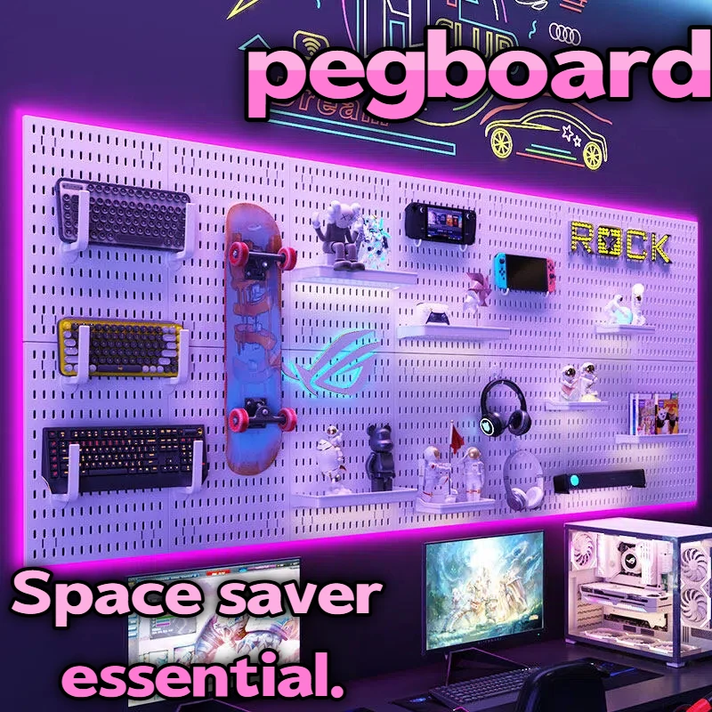 PP Pegboard Wall Panel for Reading Room, Plastic Hole Board with Hooks Pen Holder for Desk Stationery Book Storage Display