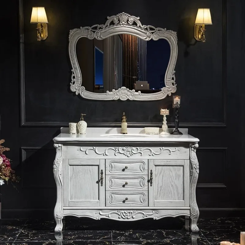 Solid wood carving open effect European antique bathroom combination Red oak floor washing hand washbasin