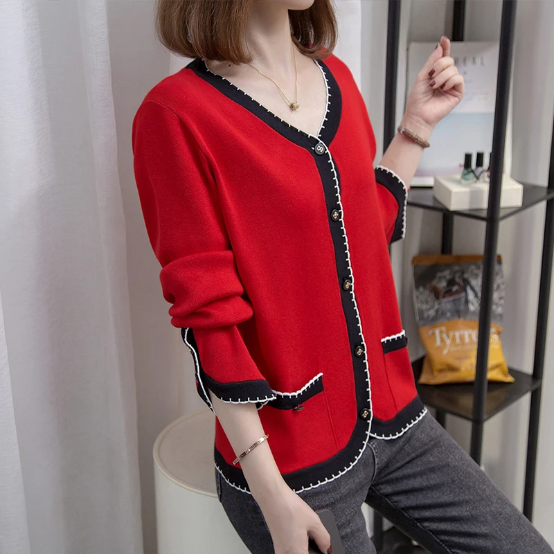 2022 New Women Autumn Sweater Single breasted Cardigan V-Neck Female Casual Knitted Cardigan Stitching color Women clothin