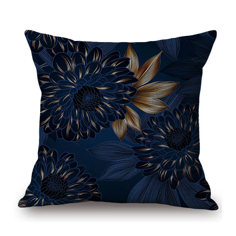 Emerald Blue Gild Elegant Flower Luxury Flower Sofa Bench Home Decorative Pillow Case Cotton Linen Car Cushion Cover