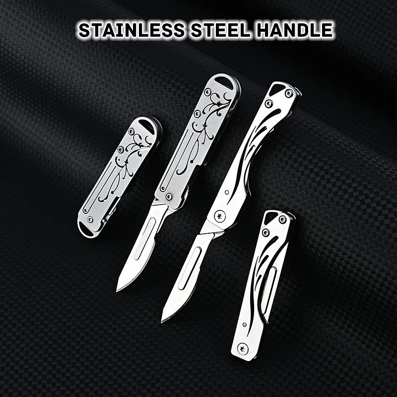 Hollow Out Handle Folding Knife Stainless Steel EDC Keychain Pocket Knife Unpacking Surgical Selfdefense Tool Gift 10pcs Blades