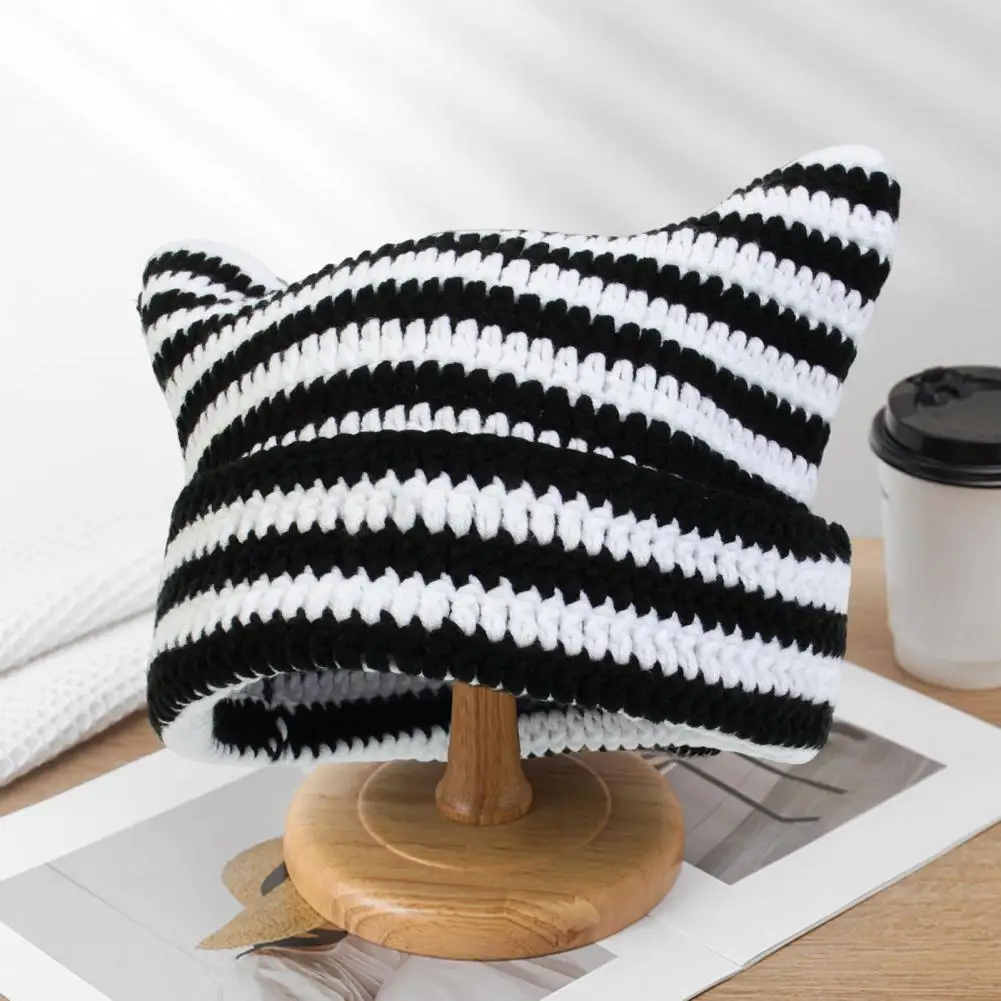 Wool Knitted Beanie Cute Cat Ears Beanie Hats Women Winter Striped Korean Punk Gothic Wool Yarn Knitted Hat Crochet Bucket Cap