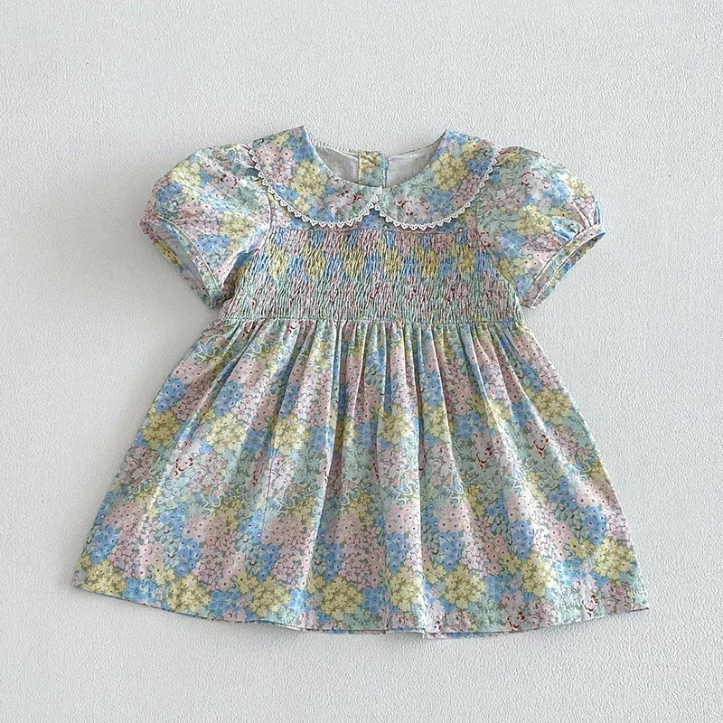 2026 New Summer Sister Clothing Children Clothes 1-4Yrs Baby Girl Party Dress Short Sleeved Cotton Print Kids Princess Dress