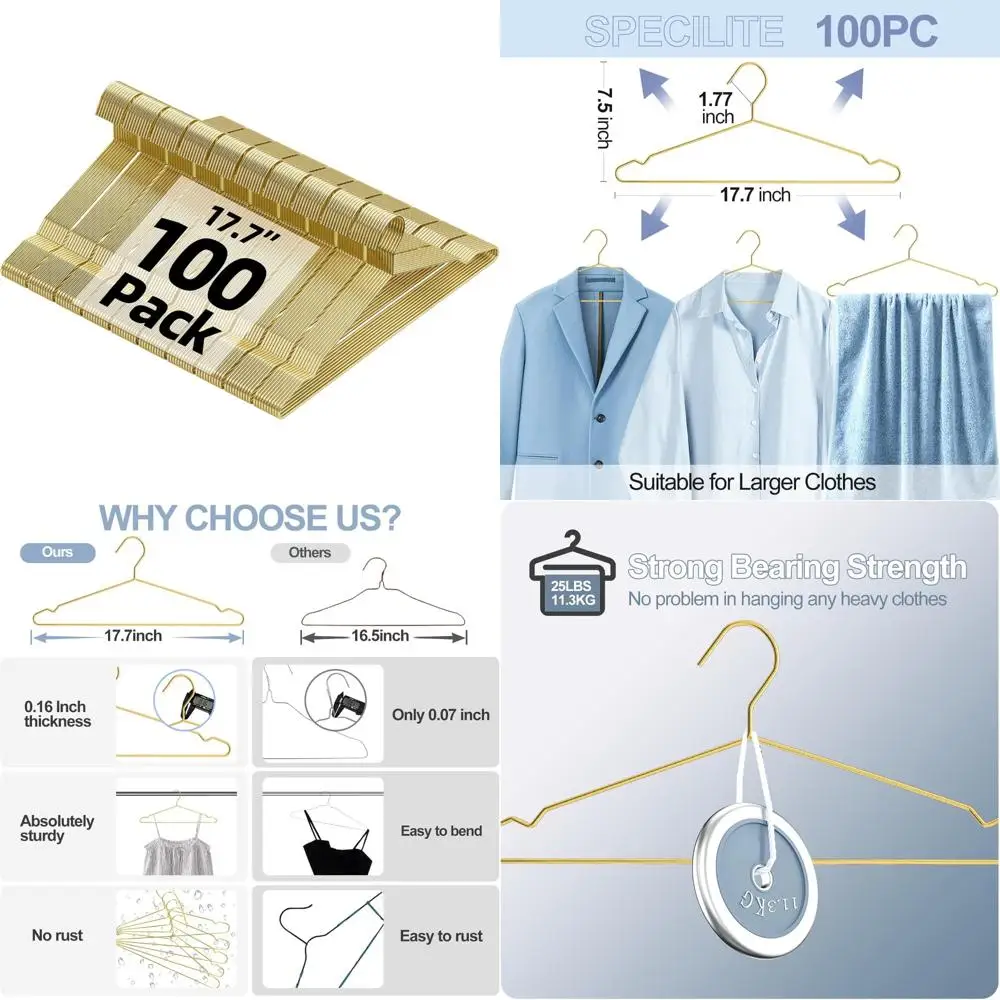 Confezione da 100 grucce in metallo dorato da 17,7 pollici per carichi pesanti per abiti di grandi dimensioni, camicie, pantaloni, cappotti - Supporto resistente per abiti per occasioni speciali