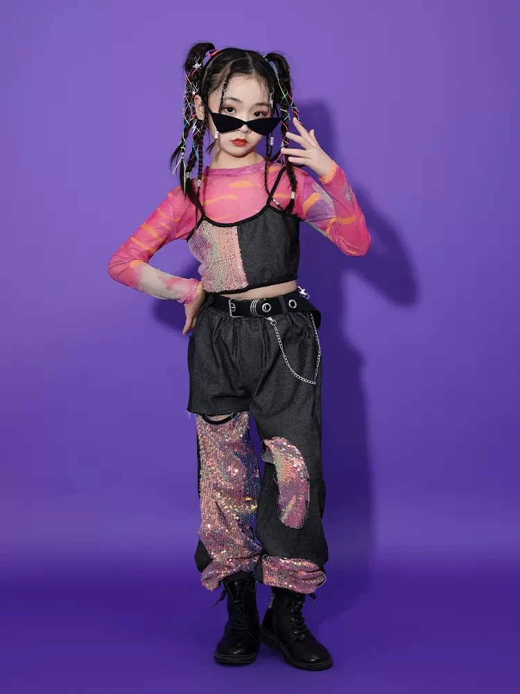 2025 Ropa de baile de Jazz para niñas, Tops de lentejuelas rosas, pantalones, disfraz de actuación de Hip Hop para niños, ropa de escenario para Festival de conciertos
