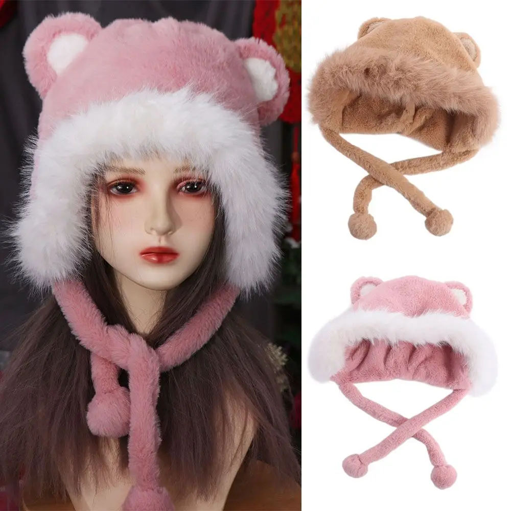 

Fashion Korean Cute Bear Ear Hat Plush Casual Faux Fur Bucket Hat Outdoor Warm Women Fluffy Hats Lady