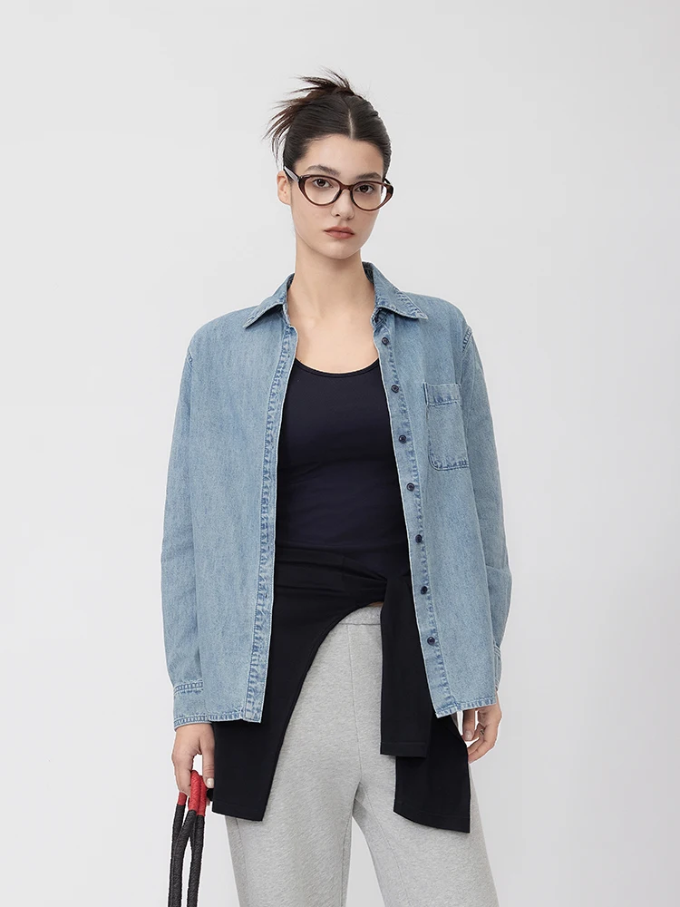 

ZONE Spring 2025 Women's Casual Loose Fit Cotton Denim irt with Label Bla Label Series 00% Cotton Long Sve