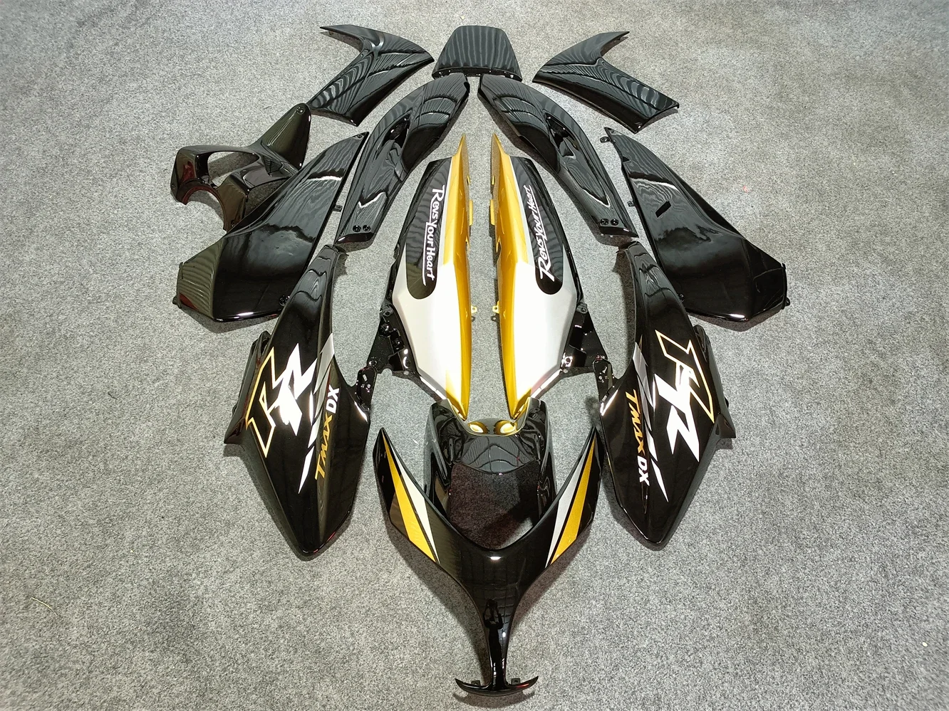 A/Kit carenatura moto per Yamaha TMAX500 08-11 anni 500 2008 2009 2010 2011 Carenatura Nero Oro