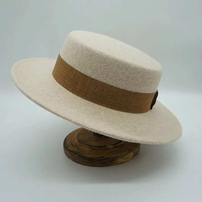 

Beige Boater Hats for Women Winter Hat Wool Fedora Hat with ribbon band Warm Dance Party Stage performance Hat Ladies church hat