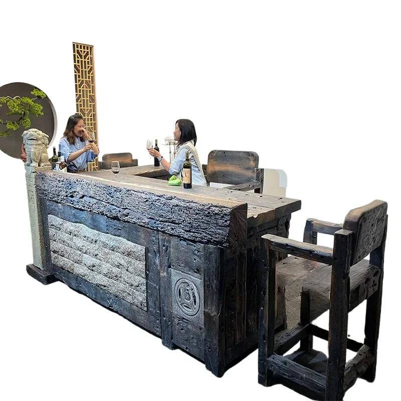 Vintage unpainted old boat wood bar counter Solid wood shop counter Clubhouse Hotel lobby Cashier Private