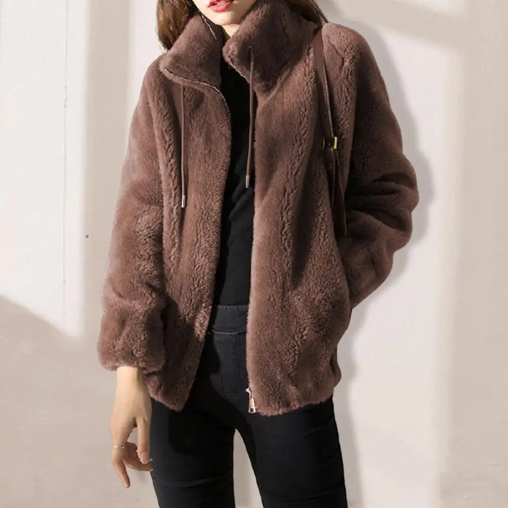 Thermal Insulation Women Coat Plush Double-sided Winter Coat with Stand Collar Zipper Closure for Daily Commute Travel for Cold