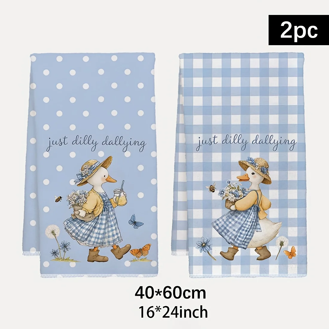 2-piece set of cute rural duck text-themed kitchen towels, dishcloths, scouring pads, and tea set decorations