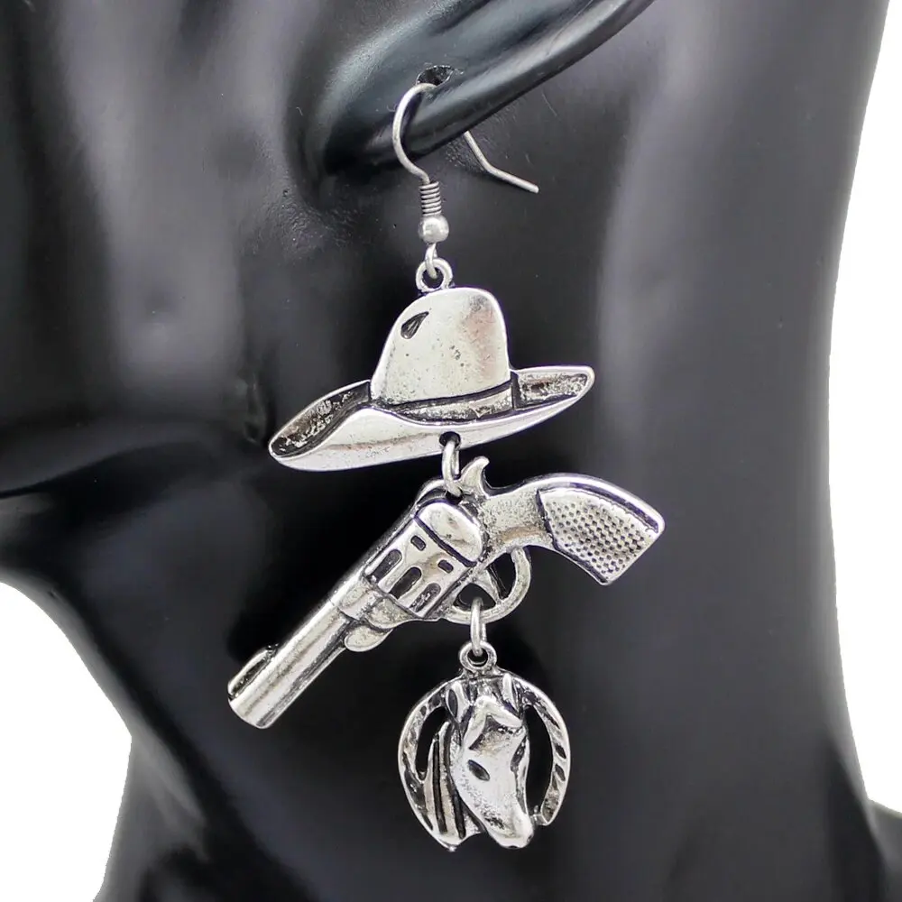 Western Cowgirl Hat Stetson Gun Revolver Horse Ear Pendants Jewelry Charms Long Chain Drop Dangle Earrings For Women Brincos