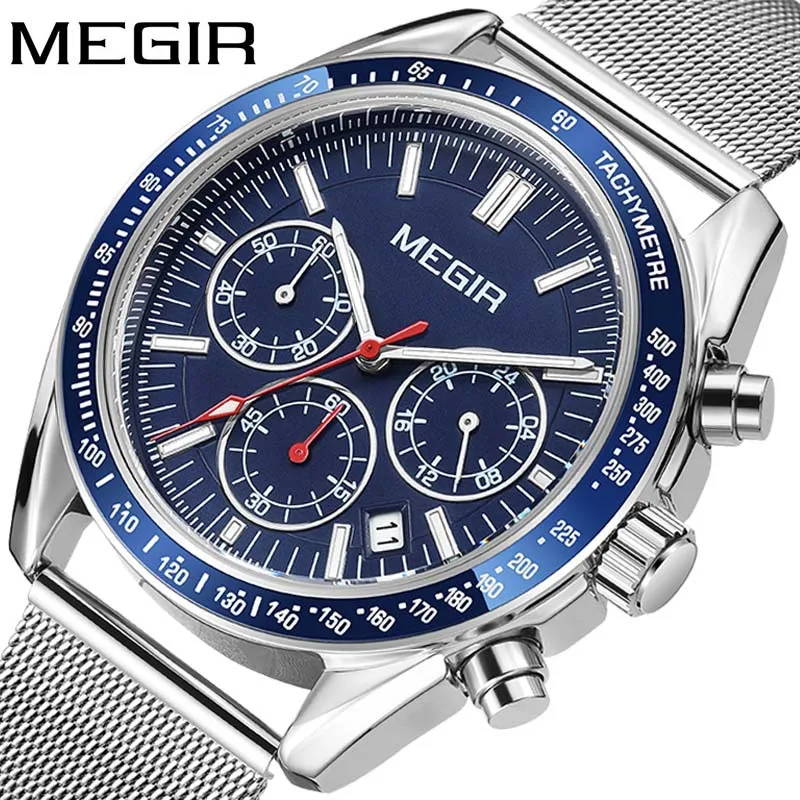 

MEGIR Analog Quartz Wrist Watch Chronograph Luminous Business Sport Watches with Stainless Strap Calendar Man Clock reloj hombre