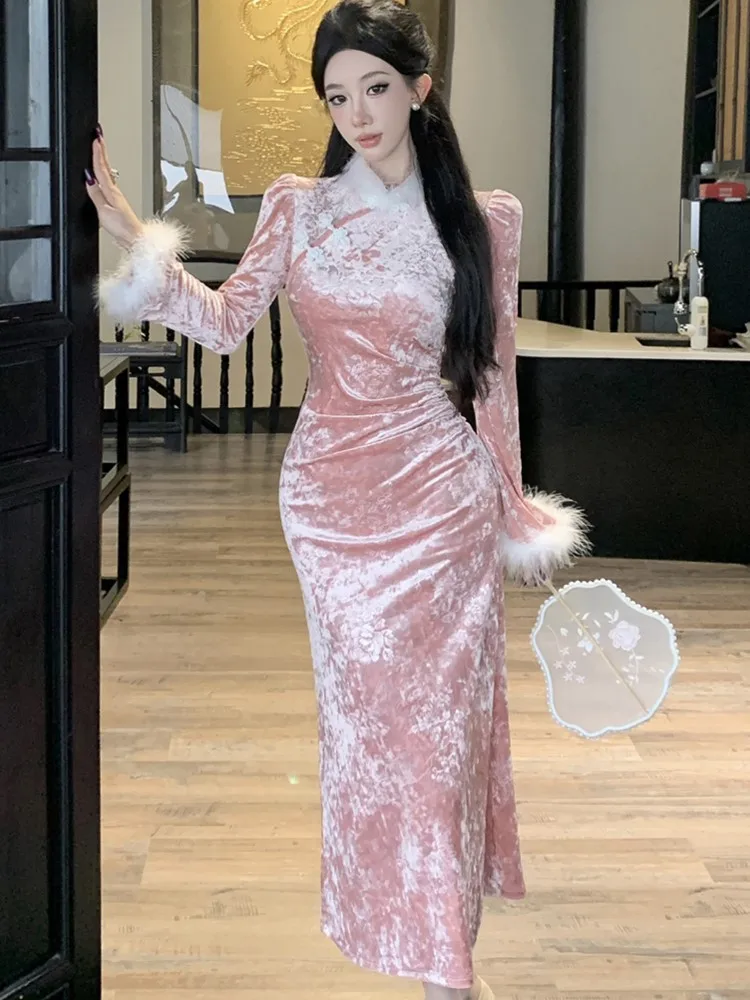 Elegant Velvet Womens Dresses Fashion New Chinese Style Bodycon Evening Party Dress Female Clothing Slim Vestidos Chic Robe New