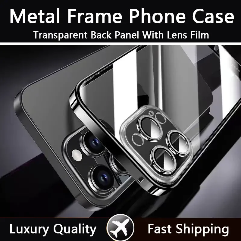 Magnetische Metalen Telefoon Case Voor Iphone 13 12 14 15 16 Pro Max Aluminium Frame Transparante PC Back Cover Met lens Film Bescherming