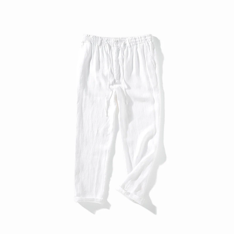 Pantalones de lino de ajuste suelto para hombres, pantalones de cintura elástica, delgados, transpirables, casuales, japoneses, jóvenes, Verano