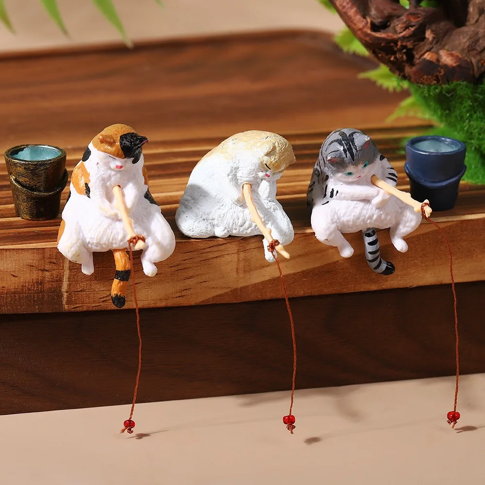 Figurine de chat pêcheur mignonne en résine, ornement pour aquarium, décoration de bord de réservoir de poissons, statue de chaton pour micro-paysage, décoration de bureau à domicile DIY