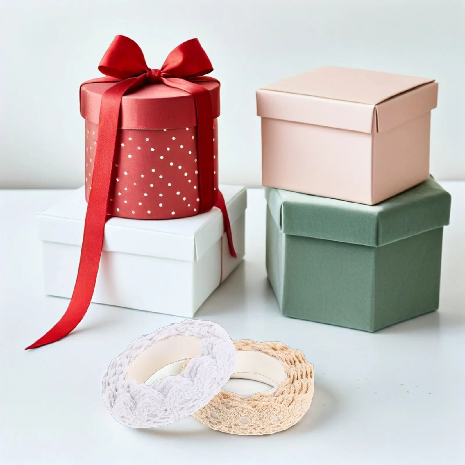 4 Rolls Lace Masking Tape Cotton Ribbon Self Adhesive Washi Trim Stickers Decorative Craft Scrapbook Card Making Beige White