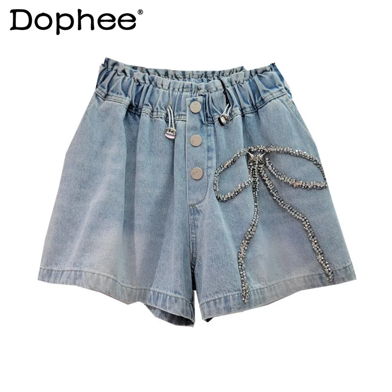 Womens Shorts 2024 Summer European Goods New Heavy Industry Beads High Waist Slimming Wide-Leg Denim Shorts Female Booty Shorts