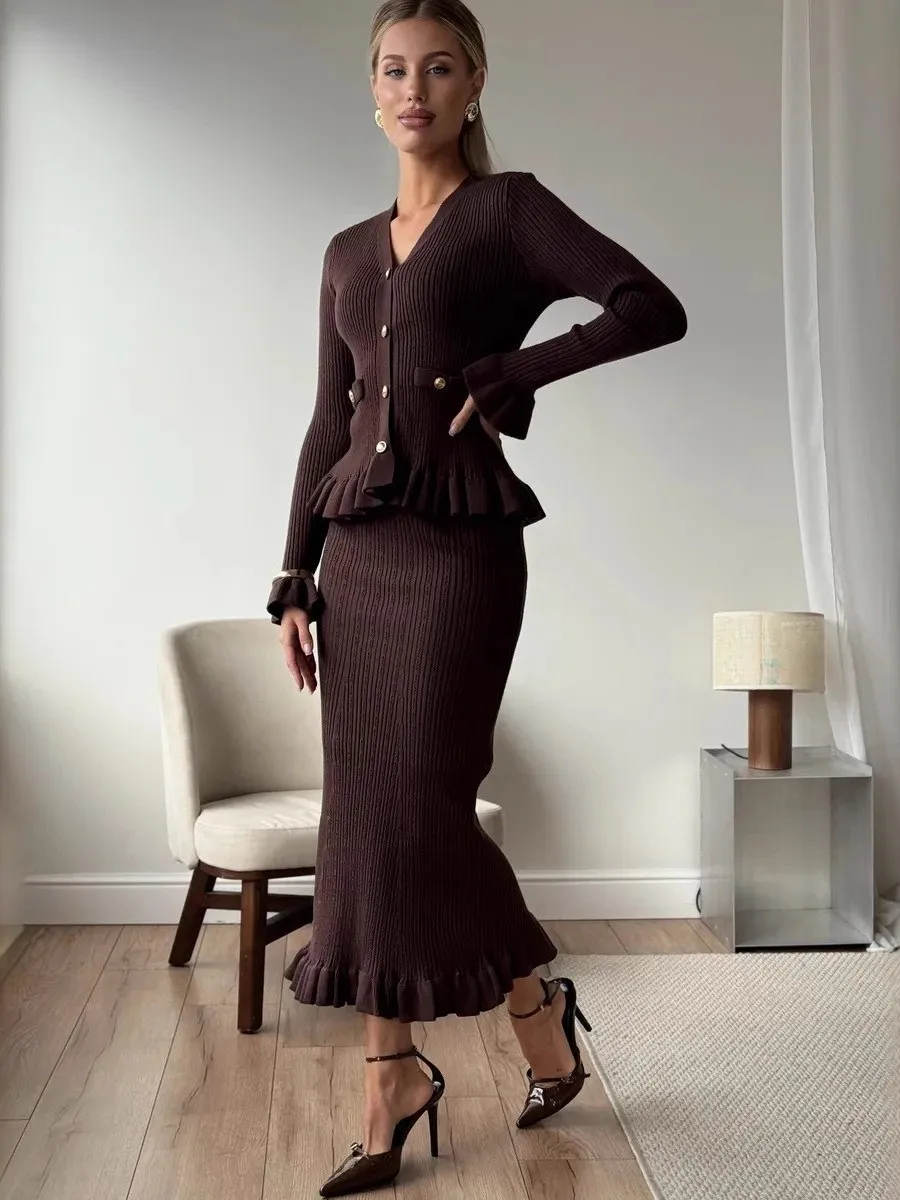 Women's Two-Piece Woolen Dress Set with Metal Buckle Knitted Sweater Skirt Casual Straight Leg Pants Mid-Low Waist PVC Fabric