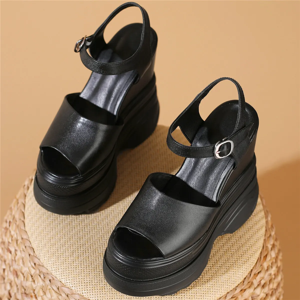 16cm Wysokie obcasy Czółenka Plus Size Buty Kobiety Skóra bydlęca Kliny Gladiator Sandały Kobieta Otwarty palec Moda Trampki Duży rozmiar Buty