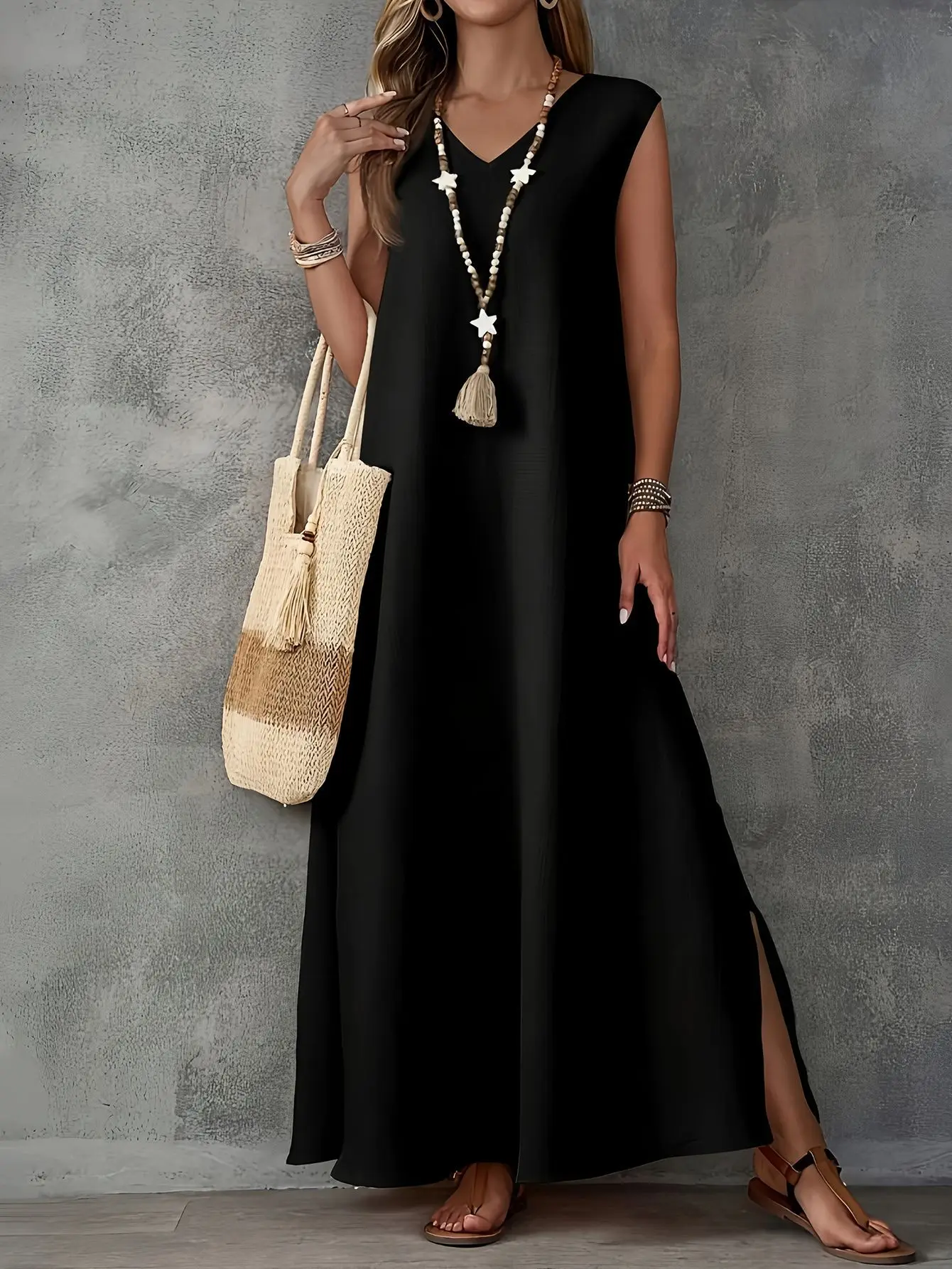 EINY Chic Cotton Linen Women Dress Long Black V-neck Sleeveless Loose A-line Dresses Female Elegant Trendy Casual Lady Clothes