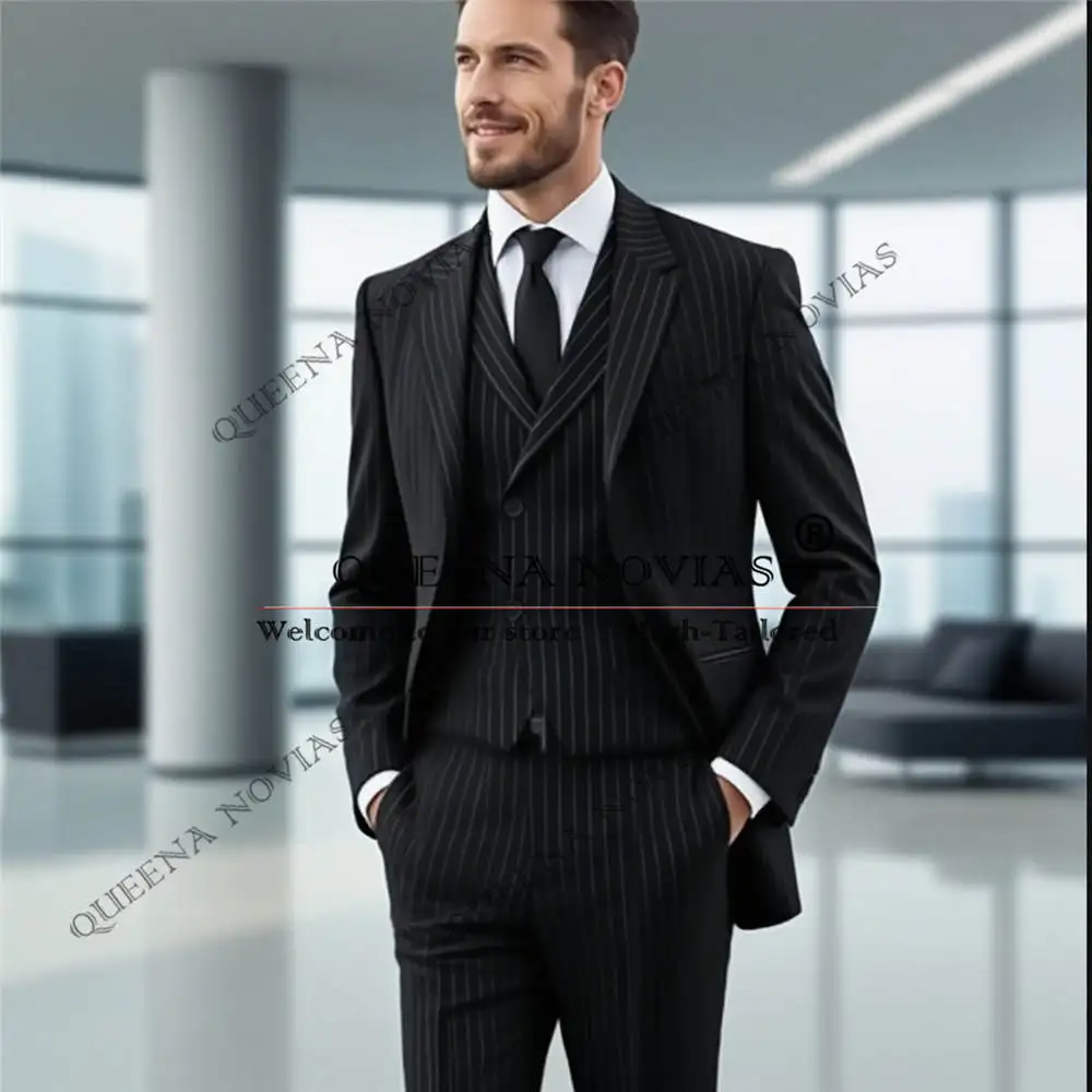 Striped Purple Business Suits Men Customized Single Breasted Blazer Long 3 Pieces Banquet Dress Groom Tuxedos costume hommes