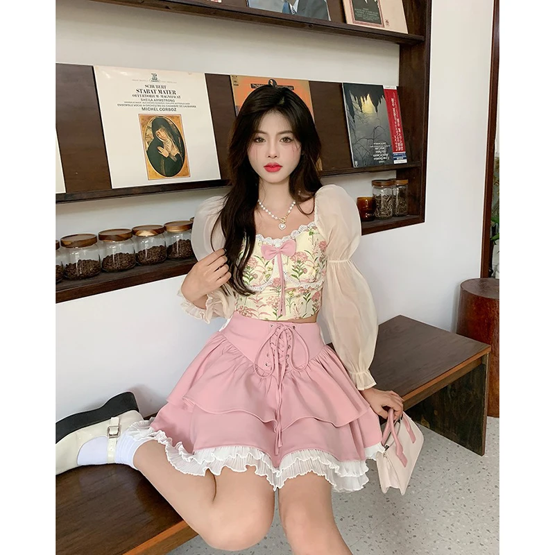 Autumn Pink Kawaii Mini Skrts Women Lace Patchwork Korean Fashion Party Skirt Female Casual Chic Designer Bandage Skirts 2022