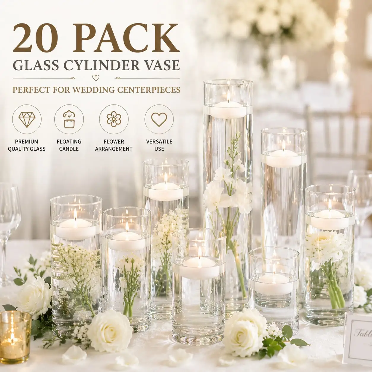 TAIMASI 20 Pack Clear Glass Cylinder Vases For Wedding Centerpieces, Floating Candle Holders, Flower Arrangement Vase Set, Table Decor For Wedding Reception, Party, Home Dining, Events