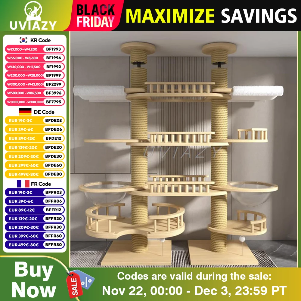 Double Column Multi-layer Floor-to-Ceiling Cat Tree Cat Climbing Tower with Natural Sisal Rope Scratching Post Tall ClimbingTree