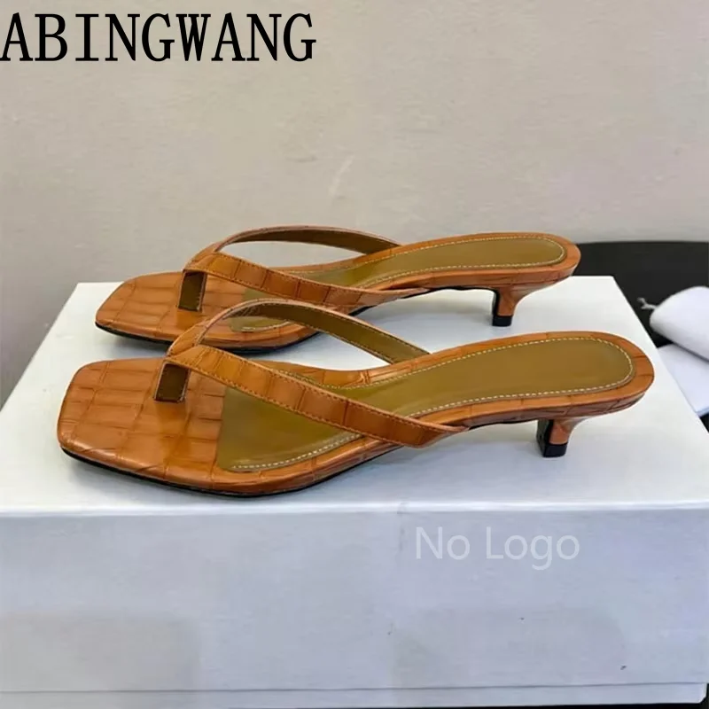 2026 Summer New Leather Kitten Heel Slippers Slip On Flip Flips Mules for Women Sexy Dress Sandals Slippers Mujer