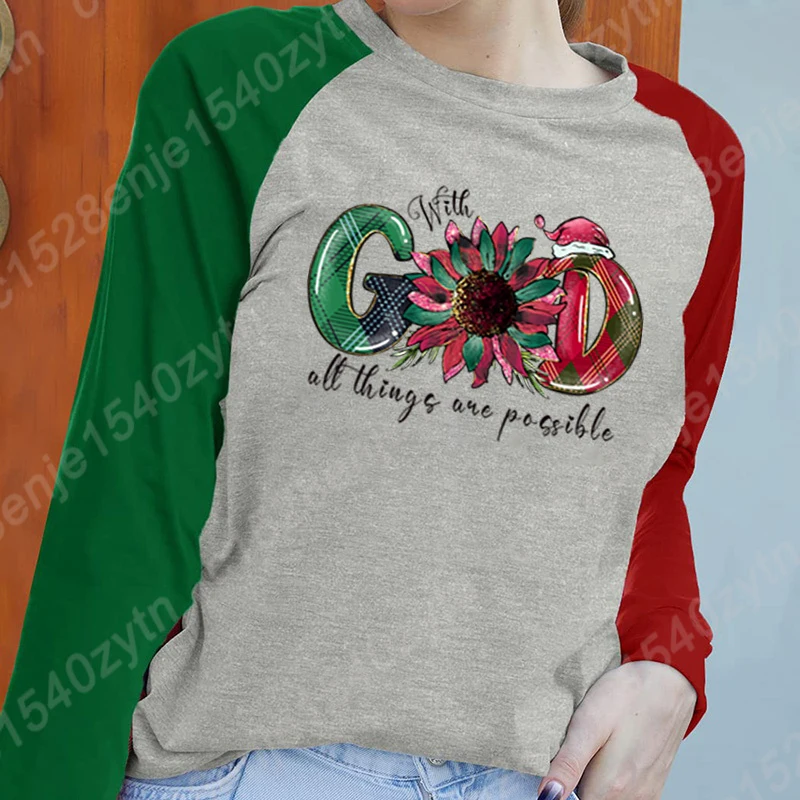 Autunno inverno abbigliamento natale con dio tutte le cose sono disponibili felpa con stampa t-shirt a maniche lunghe da donna girocollo Pullover