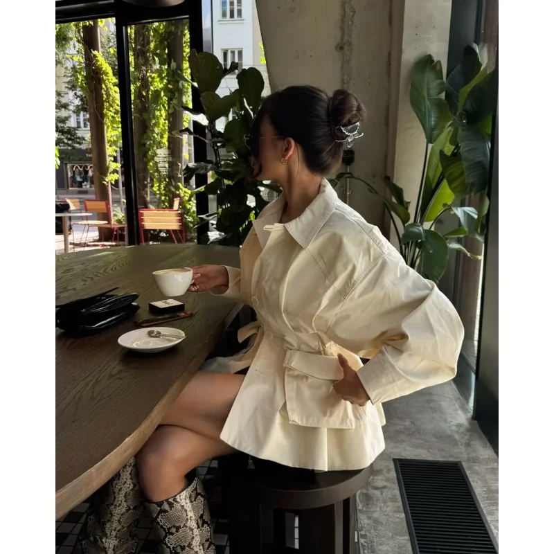 New European American Style Women Waist Drawstring Jacket Lapel Cargo Pocket Casual Trench Coat  Commuter Versatile Outerwear