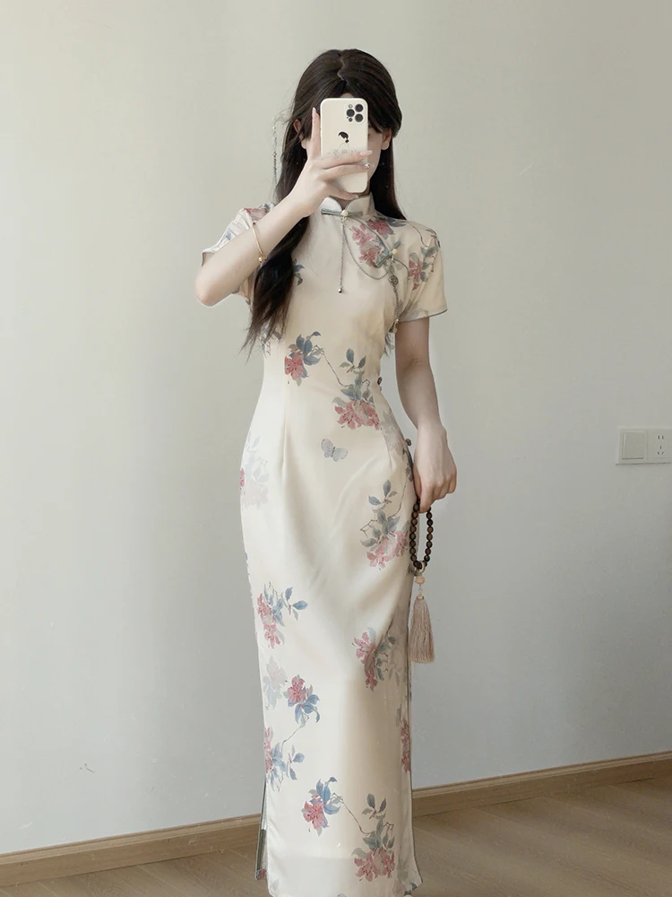 

Ting Yue Ling New 2024 Young Sle Chinese Traditional Dr Daily Wear ort Sve Low Slit Ele Long Qipao
