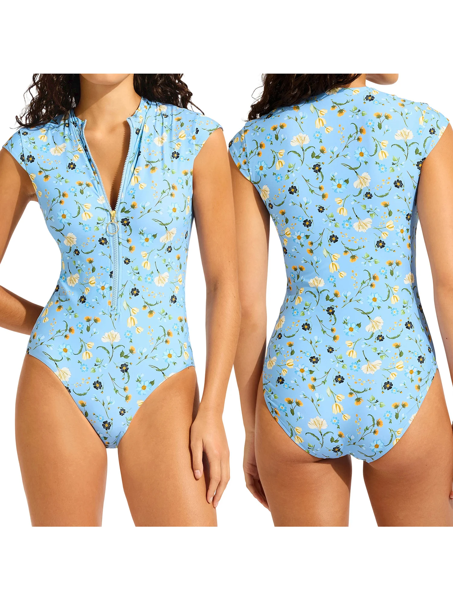 

Women s Floral Print Short Sleeve Romper Swimsuit with Zipper Closure - Stylish Monokini Swimwear for Summer